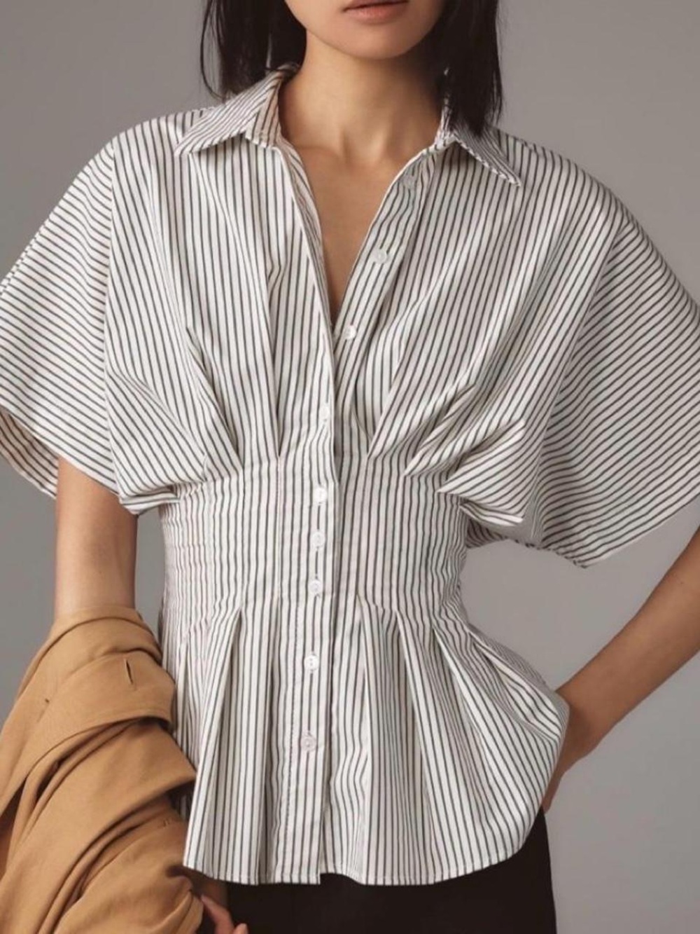 Anthropologie Tobie Blue and White Stripped Pleated Blouse by Exquise